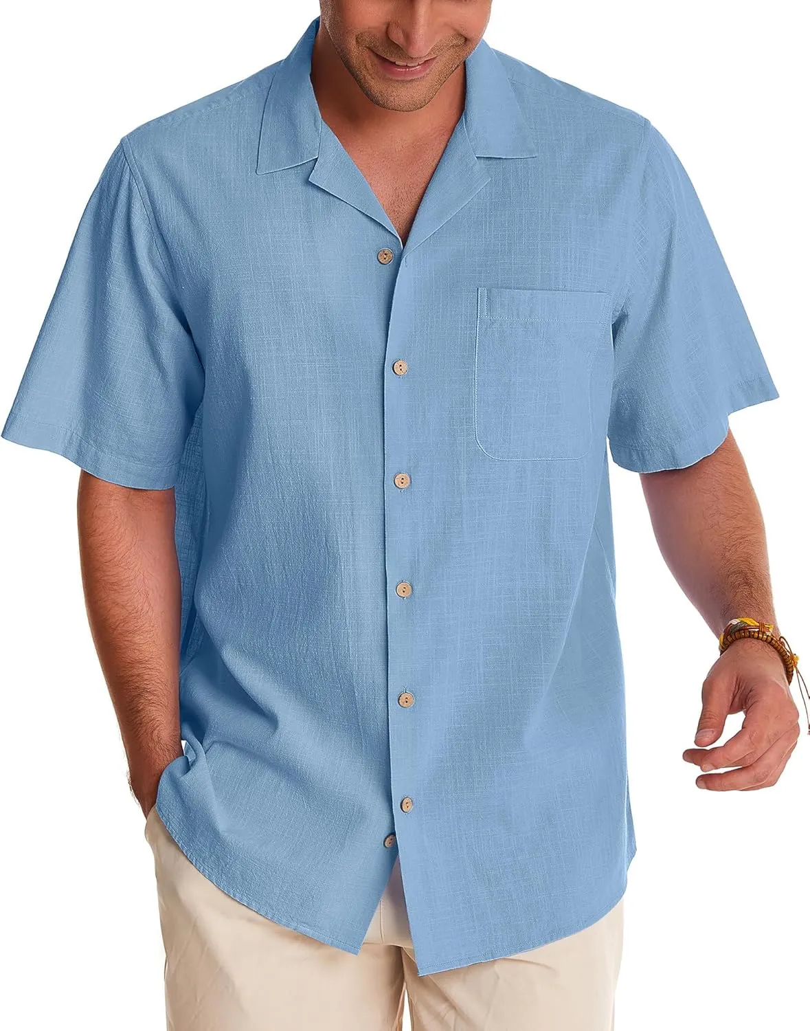 Alimens & Gentle Cuban Linen Shirts for Men Short Sleeve Button Down Shirt Cotton Summer Beach Camp Vacation Hawaiian Shirts