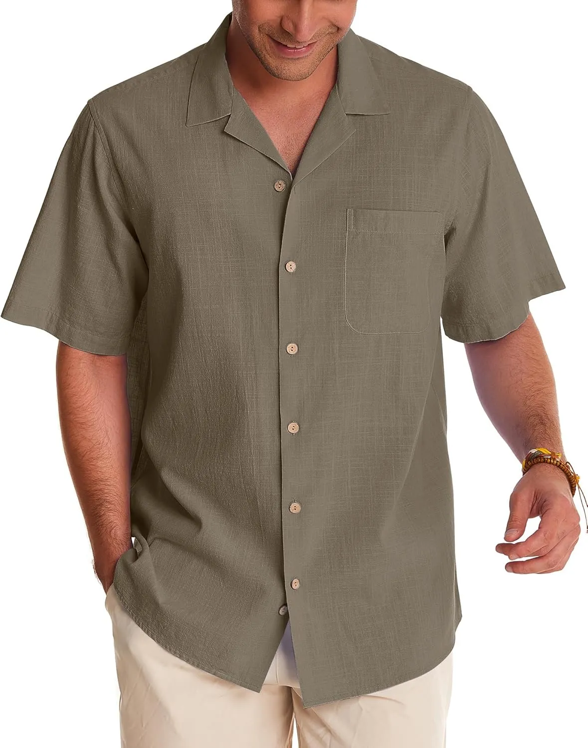 Alimens & Gentle Cuban Linen Shirts for Men Short Sleeve Button Down Shirt Cotton Summer Beach Camp Vacation Hawaiian Shirts