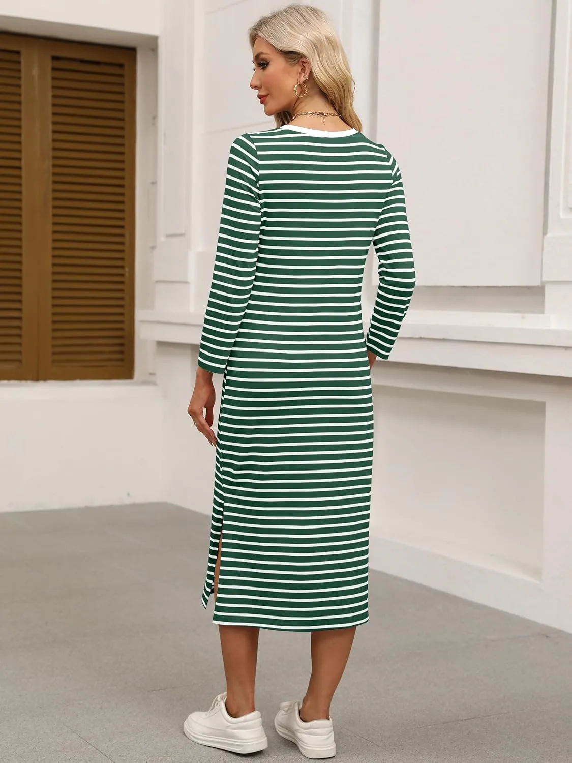 ANRABESS Women 3/4 Long Sleeve Crewneck Striped Casual Slit T Shirt Midi Dresses with Pockets Spring Fall Fashion