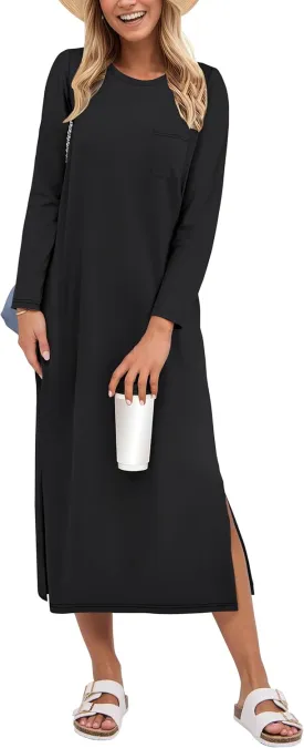 ANRABESS Women 3/4 Long Sleeve Crewneck Striped Casual Slit T Shirt Midi Dresses with Pockets Spring Fall Fashion