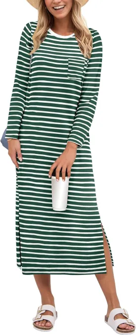 ANRABESS Women 3/4 Long Sleeve Crewneck Striped Casual Slit T Shirt Midi Dresses with Pockets Spring Fall Fashion