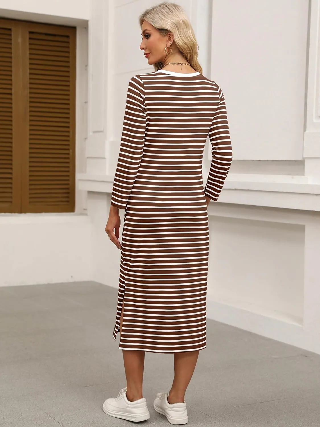 ANRABESS Women 3/4 Long Sleeve Crewneck Striped Casual Slit T Shirt Midi Dresses with Pockets Spring Fall Fashion