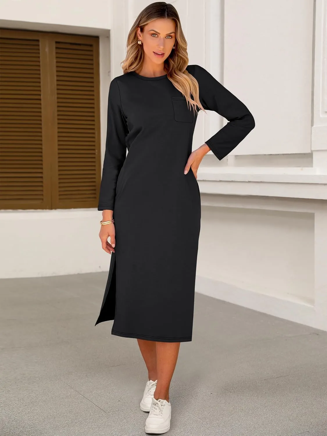 ANRABESS Women 3/4 Long Sleeve Crewneck Striped Casual Slit T Shirt Midi Dresses with Pockets Spring Fall Fashion