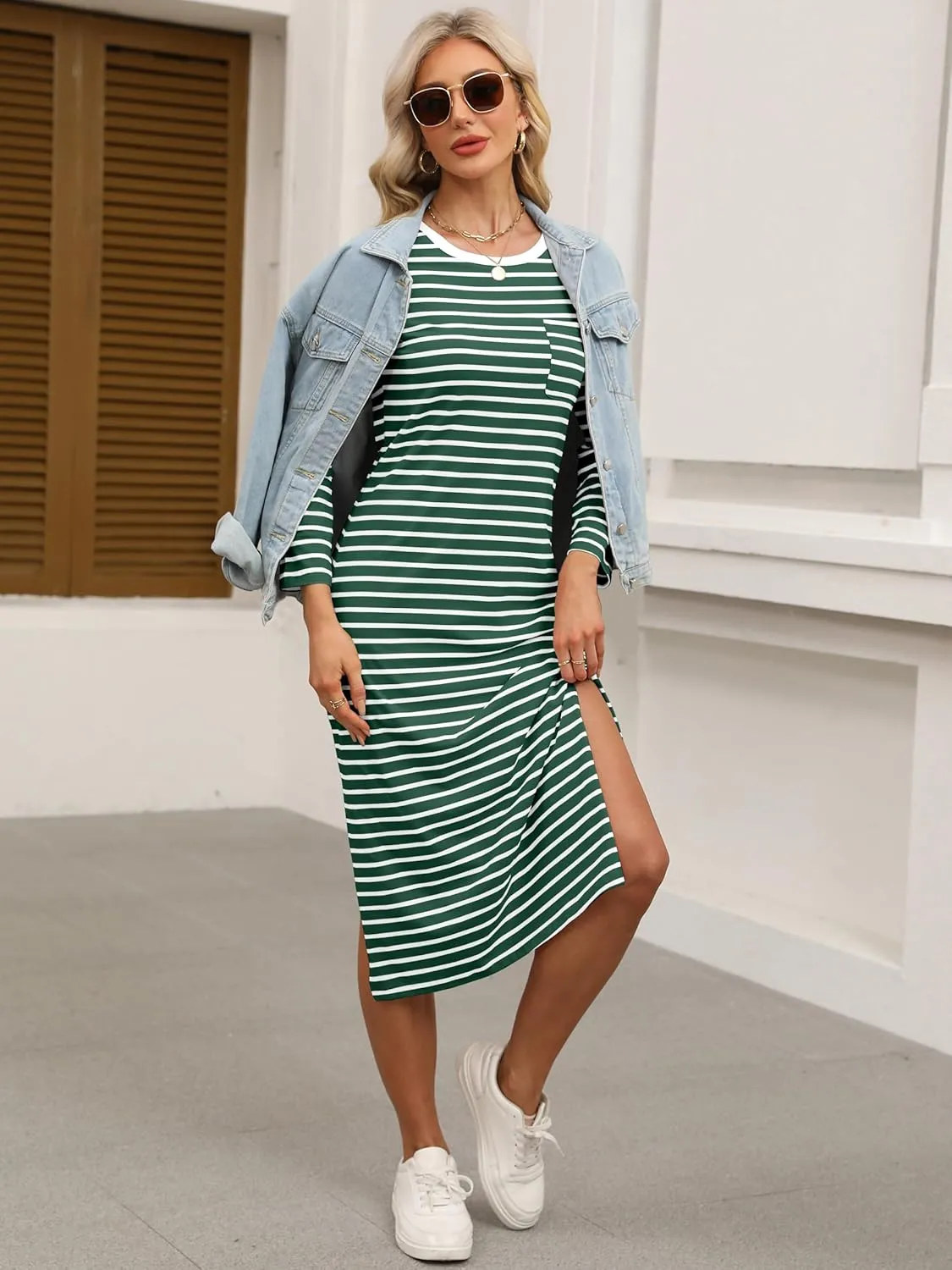 ANRABESS Women 3/4 Long Sleeve Crewneck Striped Casual Slit T Shirt Midi Dresses with Pockets Spring Fall Fashion