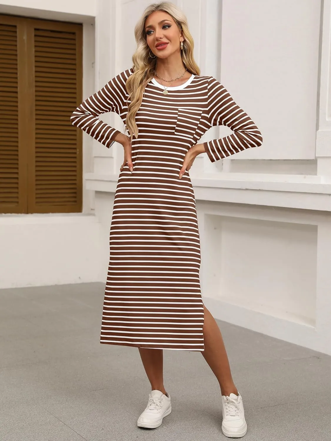 ANRABESS Women 3/4 Long Sleeve Crewneck Striped Casual Slit T Shirt Midi Dresses with Pockets Spring Fall Fashion