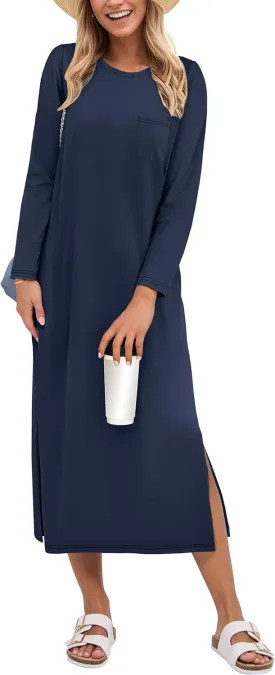ANRABESS Women 3/4 Long Sleeve Crewneck Striped Casual Slit T Shirt Midi Dresses with Pockets Spring Fall Fashion