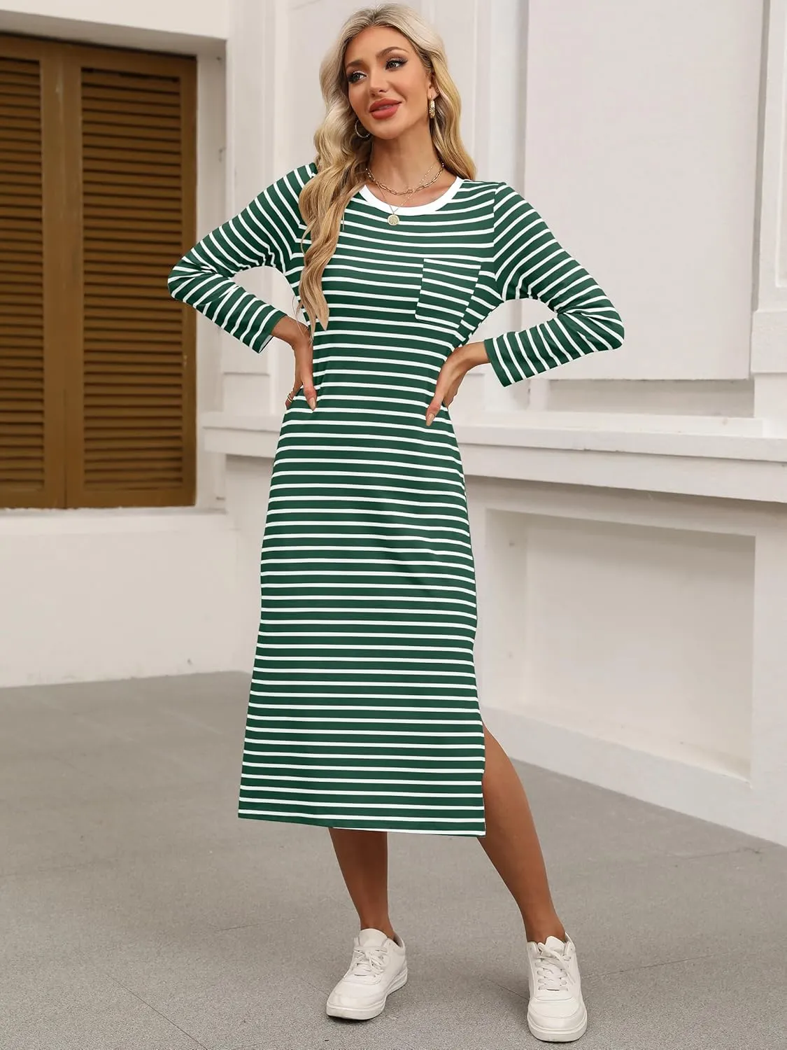 ANRABESS Women 3/4 Long Sleeve Crewneck Striped Casual Slit T Shirt Midi Dresses with Pockets Spring Fall Fashion
