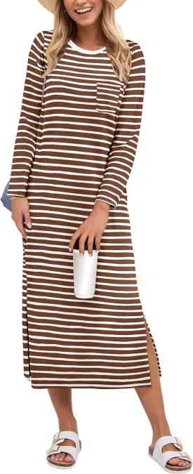 ANRABESS Women 3/4 Long Sleeve Crewneck Striped Casual Slit T Shirt Midi Dresses with Pockets Spring Fall Fashion