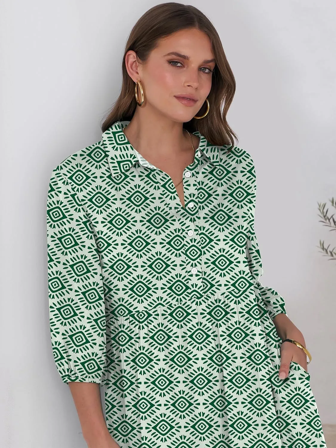 ANRABESS Women Casual 3/4 Puff Sleeve Polo V Neck Floral Printed Flowy Swing Loose Summer Boho Maxi Shirt Dresses