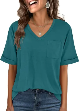 ANRABESS Women T Shirts Oversized Short Sleeve V Neck 2025 Summer Casual Loose Tops Basic Tee Shirts Outfits with Pocket