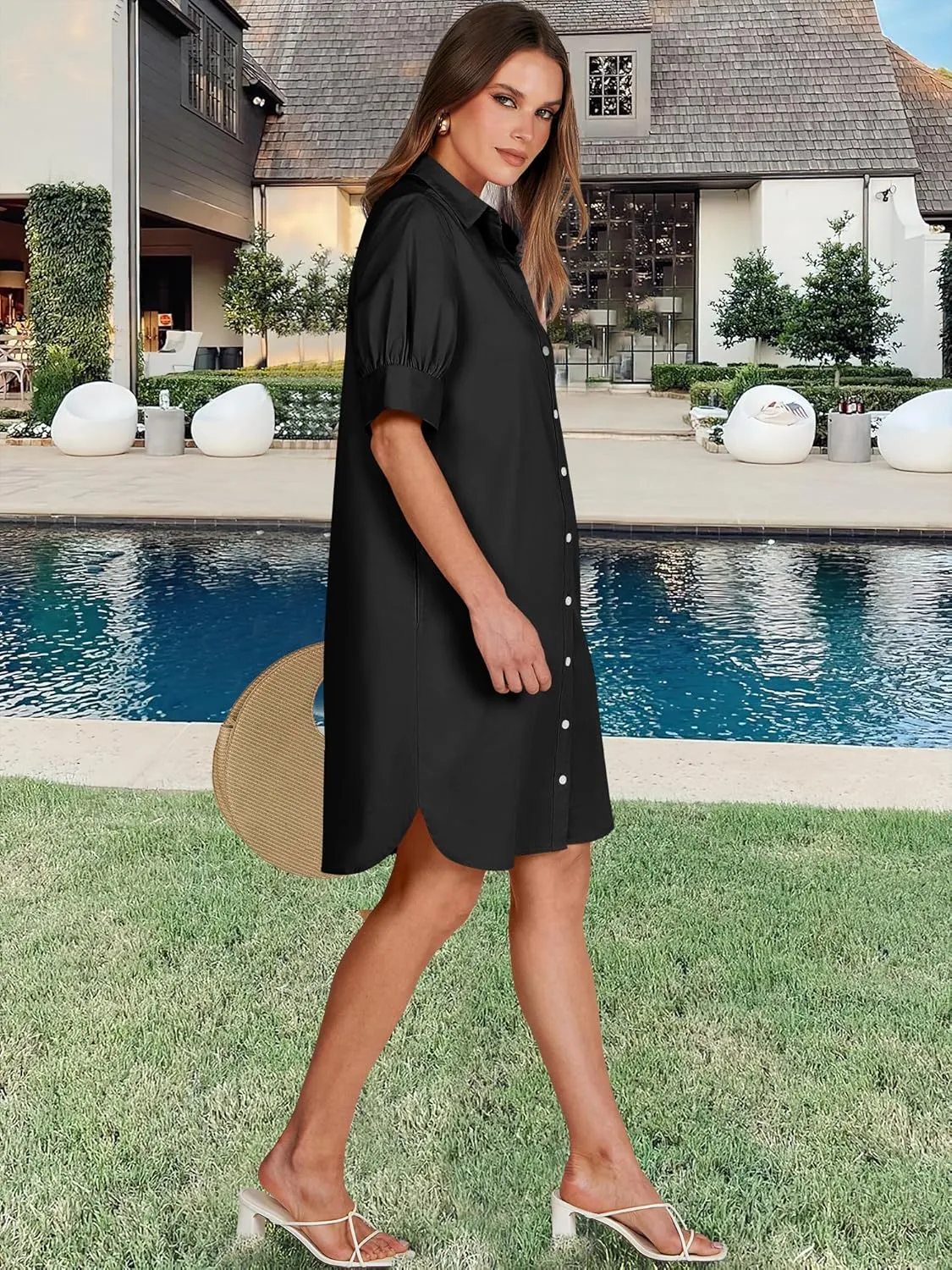 ANRABESS Womens Button Down Shirt Dress Summer Short Sleeve Business Casual Shift Dresses with Pockets 2025 Trendy