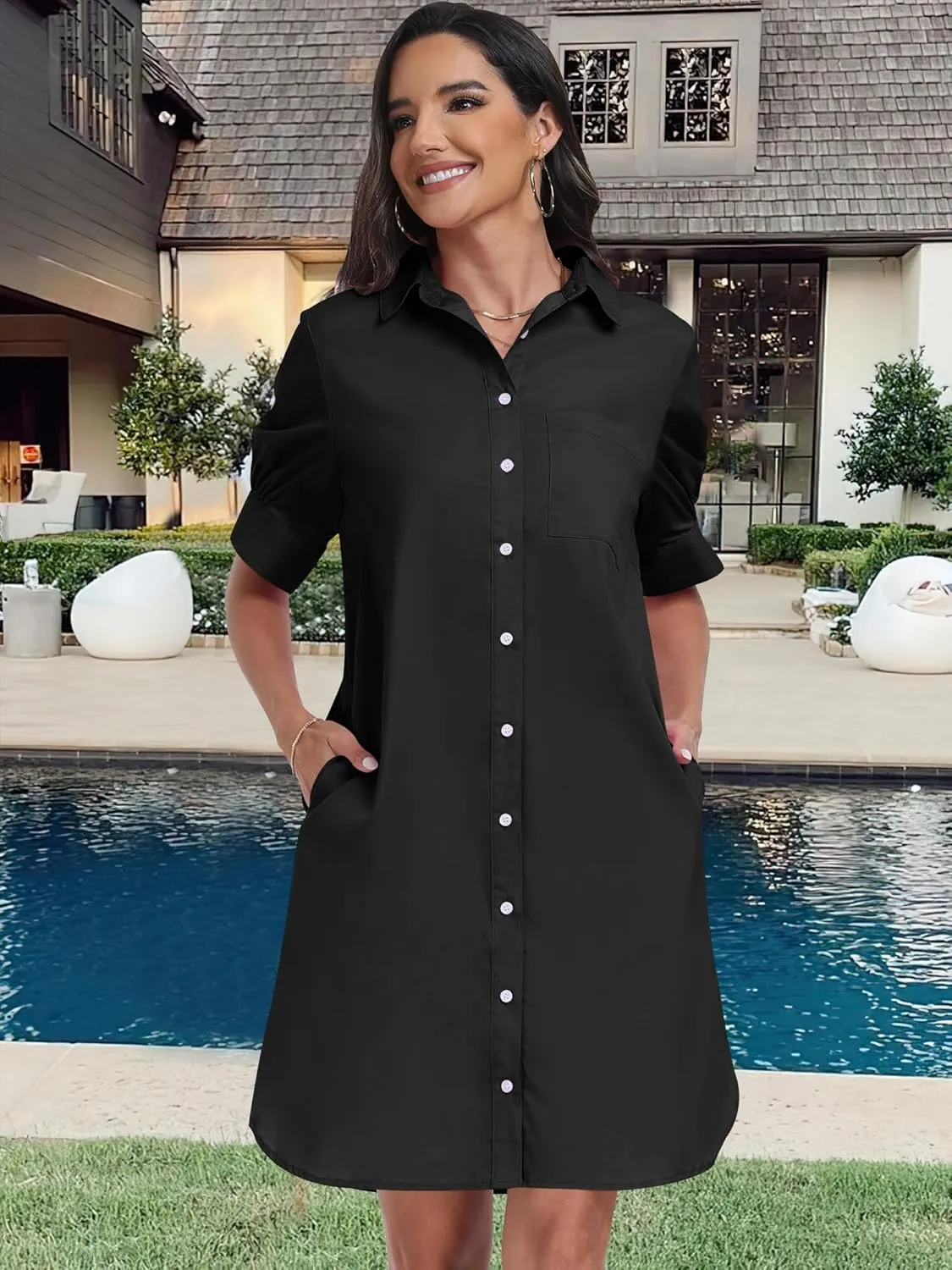 ANRABESS Womens Button Down Shirt Dress Summer Short Sleeve Business Casual Shift Dresses with Pockets 2025 Trendy