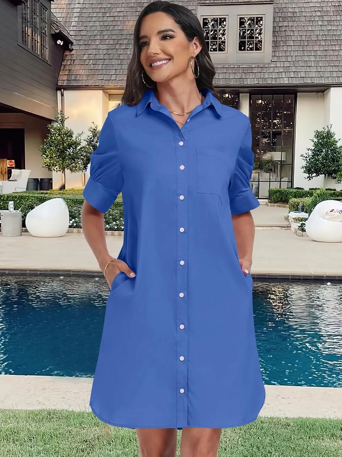 ANRABESS Womens Button Down Shirt Dress Summer Short Sleeve Business Casual Shift Dresses with Pockets 2025 Trendy