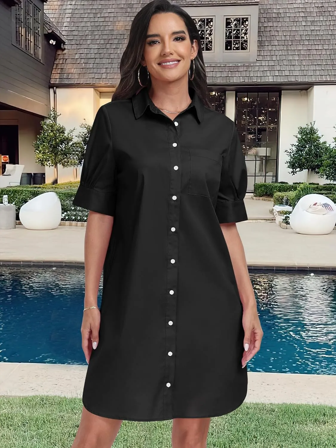 ANRABESS Womens Button Down Shirt Dress Summer Short Sleeve Business Casual Shift Dresses with Pockets 2025 Trendy