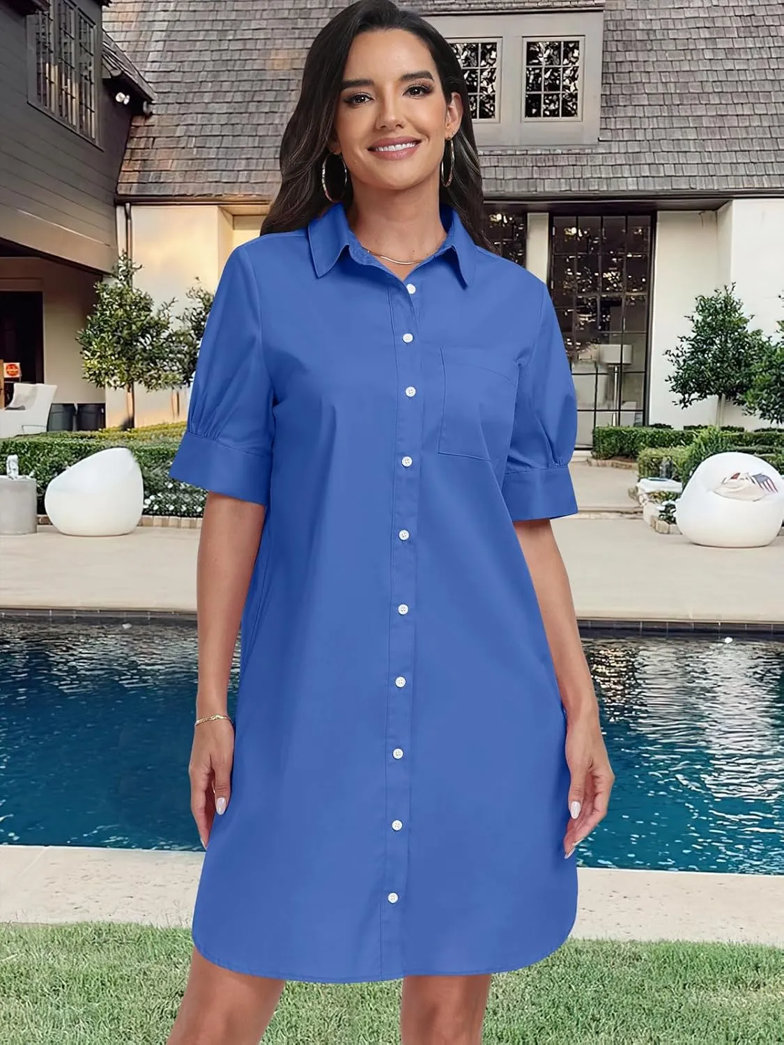 ANRABESS Womens Button Down Shirt Dress Summer Short Sleeve Business Casual Shift Dresses with Pockets 2025 Trendy