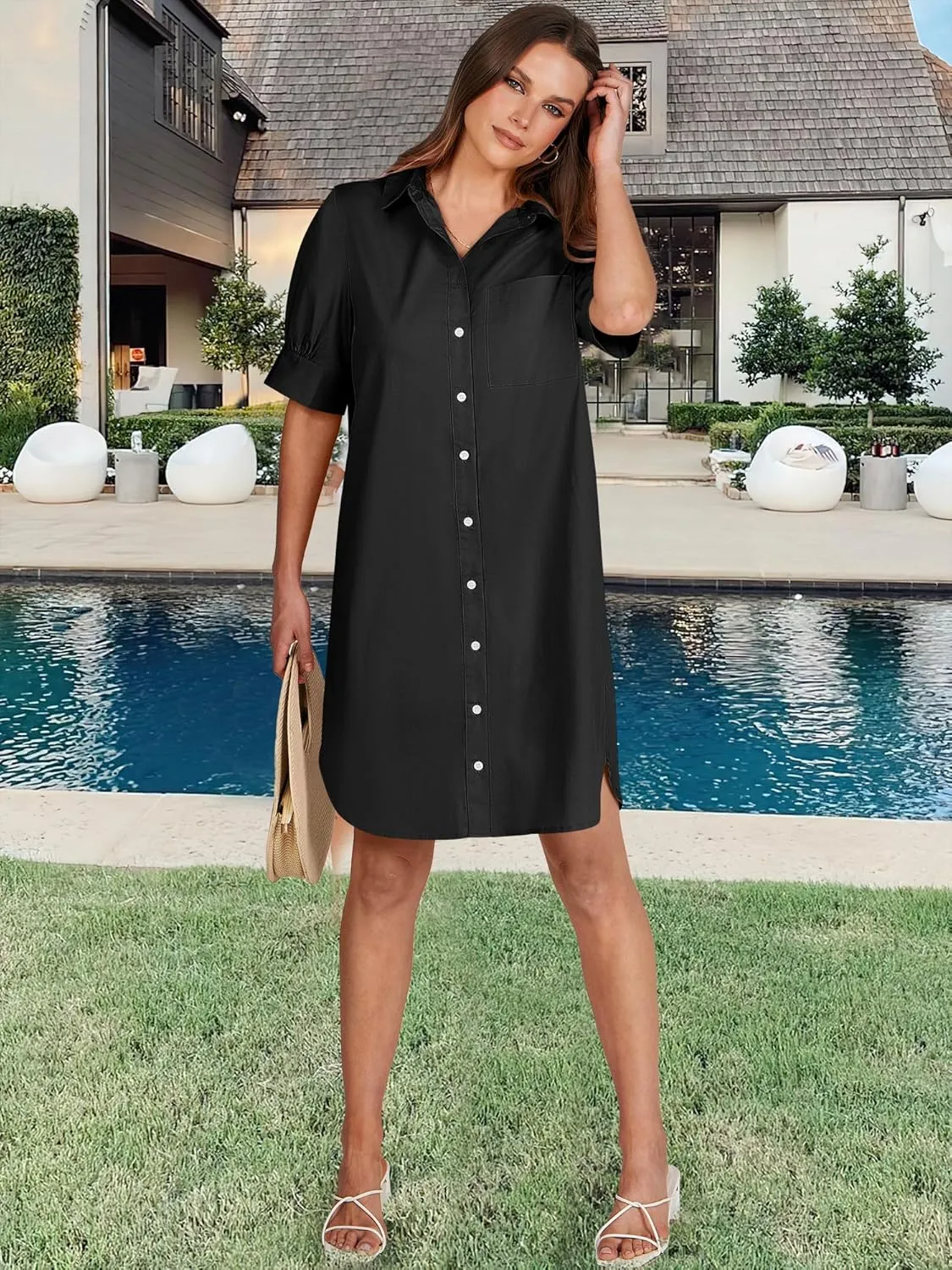 ANRABESS Womens Button Down Shirt Dress Summer Short Sleeve Business Casual Shift Dresses with Pockets 2025 Trendy
