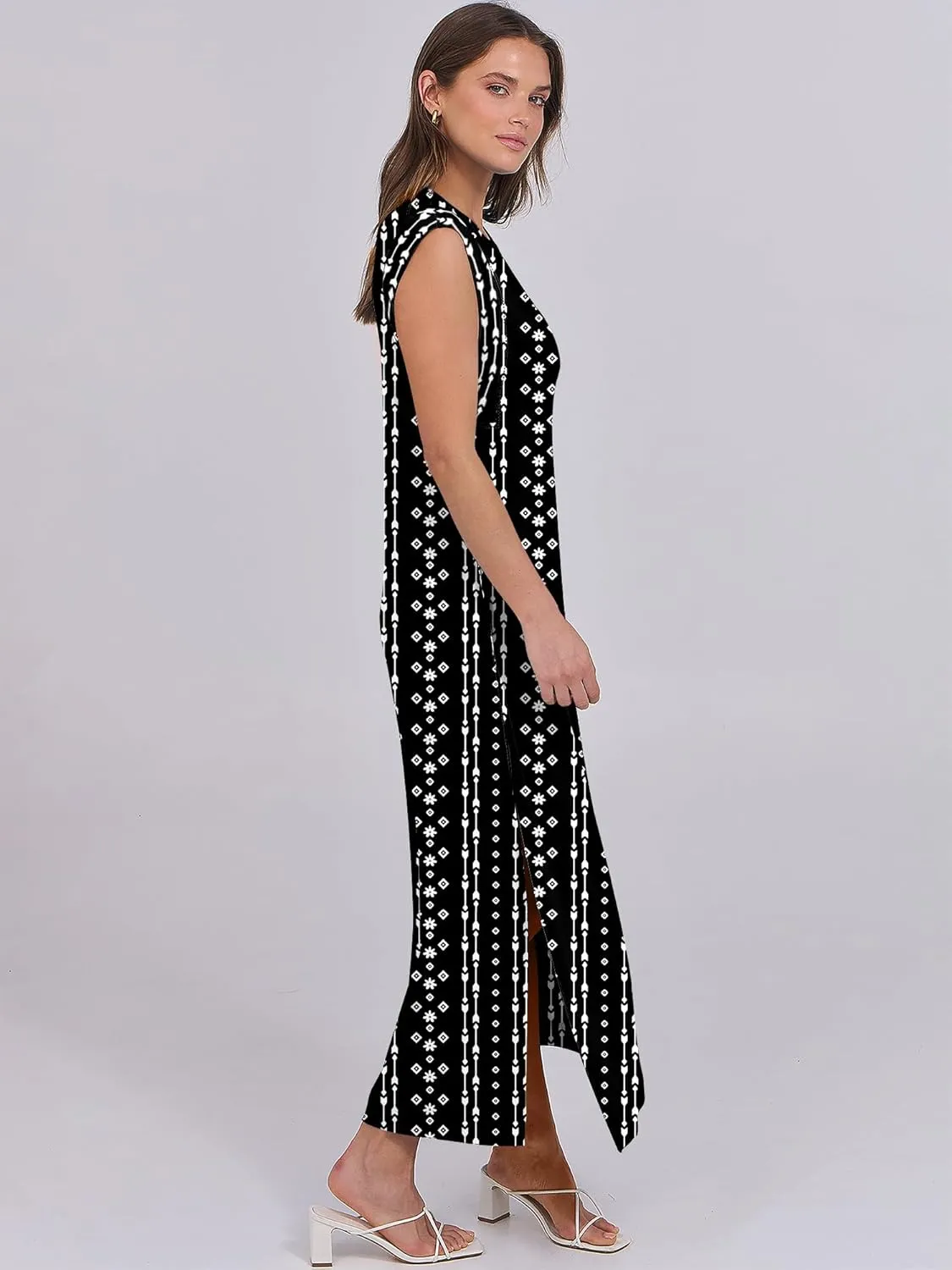 ANRABESS Womens Maxi Dresses 2025 Summer Casual Cap Sleeve Crew Neck Loose Split Beach Travel Long Shirt Sundress & Pockets