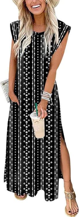 ANRABESS Womens Maxi Dresses 2025 Summer Casual Cap Sleeve Crew Neck Loose Split Beach Travel Long Shirt Sundress & Pockets