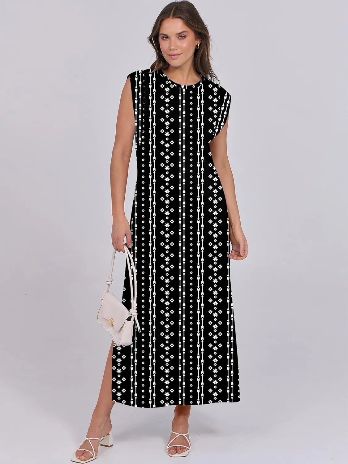 ANRABESS Womens Maxi Dresses 2025 Summer Casual Cap Sleeve Crew Neck Loose Split Beach Travel Long Shirt Sundress & Pockets