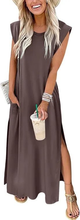 ANRABESS Womens Maxi Dresses 2025 Summer Casual Cap Sleeve Crew Neck Loose Split Beach Travel Long Shirt Sundress & Pockets