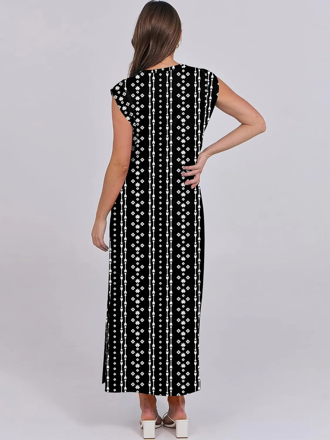 ANRABESS Womens Maxi Dresses 2025 Summer Casual Cap Sleeve Crew Neck Loose Split Beach Travel Long Shirt Sundress & Pockets