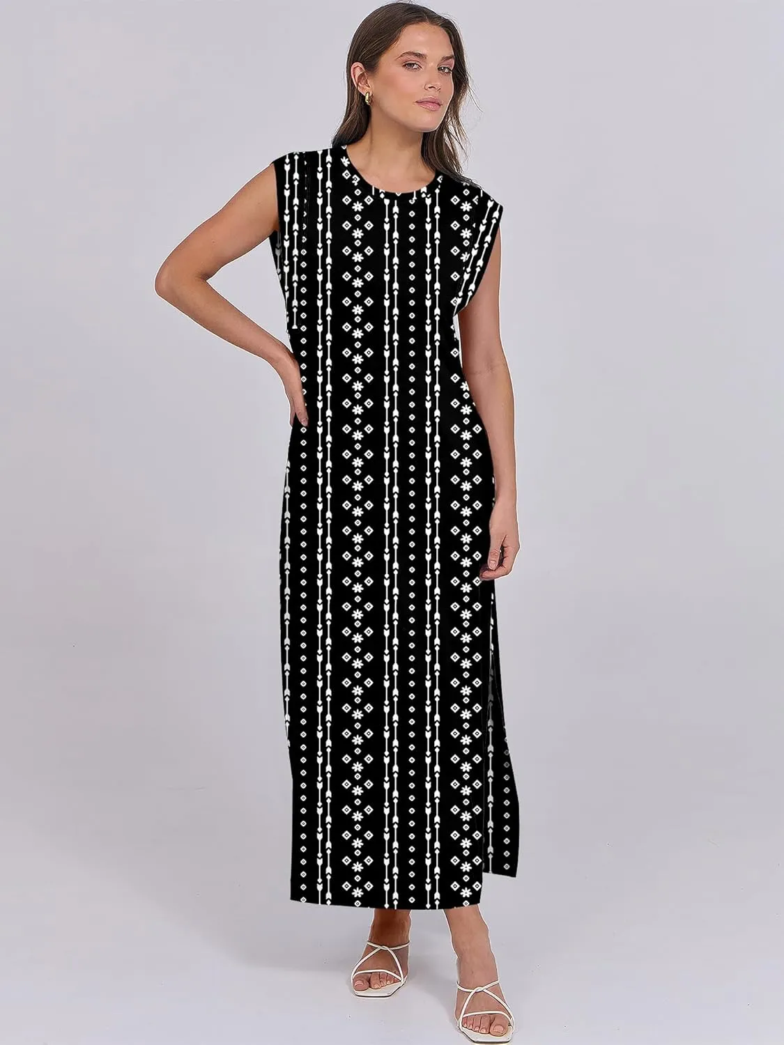 ANRABESS Womens Maxi Dresses 2025 Summer Casual Cap Sleeve Crew Neck Loose Split Beach Travel Long Shirt Sundress & Pockets