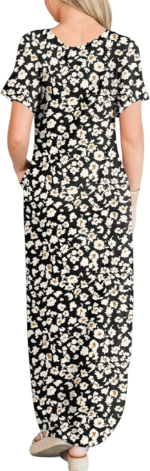 ANRABESS Women's Summer Casual Loose Short Sleeve Long T Shirt Dress Split Maxi Beach Sundress Travel Vacation Outfits