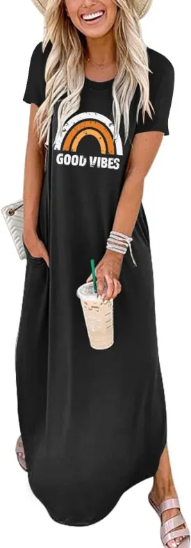 ANRABESS Women's Summer Casual Loose Short Sleeve Long T Shirt Dress Split Maxi Beach Sundress Travel Vacation Outfits