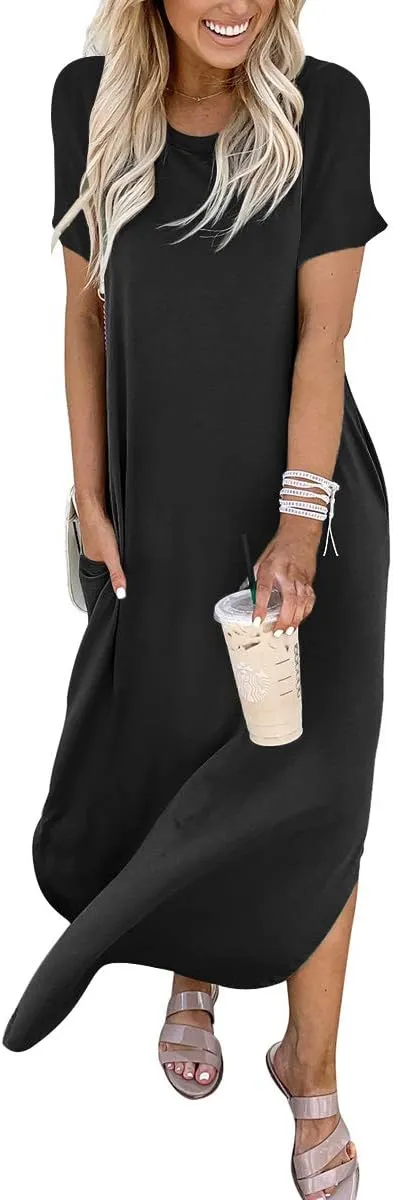 ANRABESS Women's Summer Casual Loose Short Sleeve Long T Shirt Dress Split Maxi Beach Sundress Travel Vacation Outfits