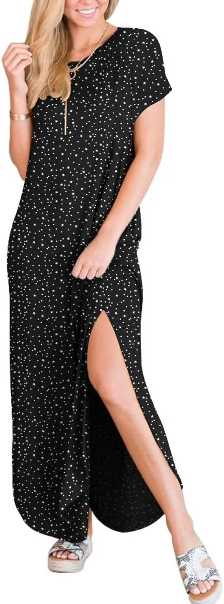 ANRABESS Women's Summer Casual Loose Short Sleeve Long T Shirt Dress Split Maxi Beach Sundress Travel Vacation Outfits