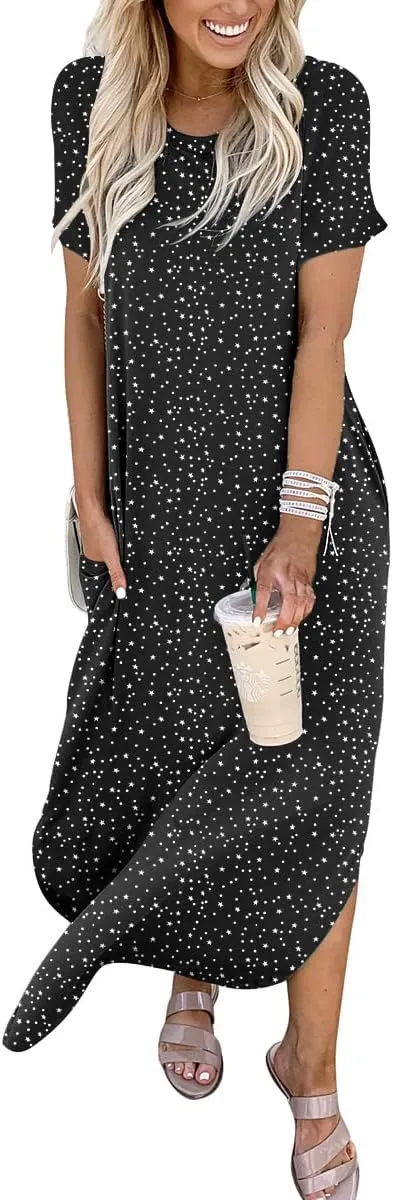 ANRABESS Women's Summer Casual Loose Short Sleeve Long T Shirt Dress Split Maxi Beach Sundress Travel Vacation Outfits