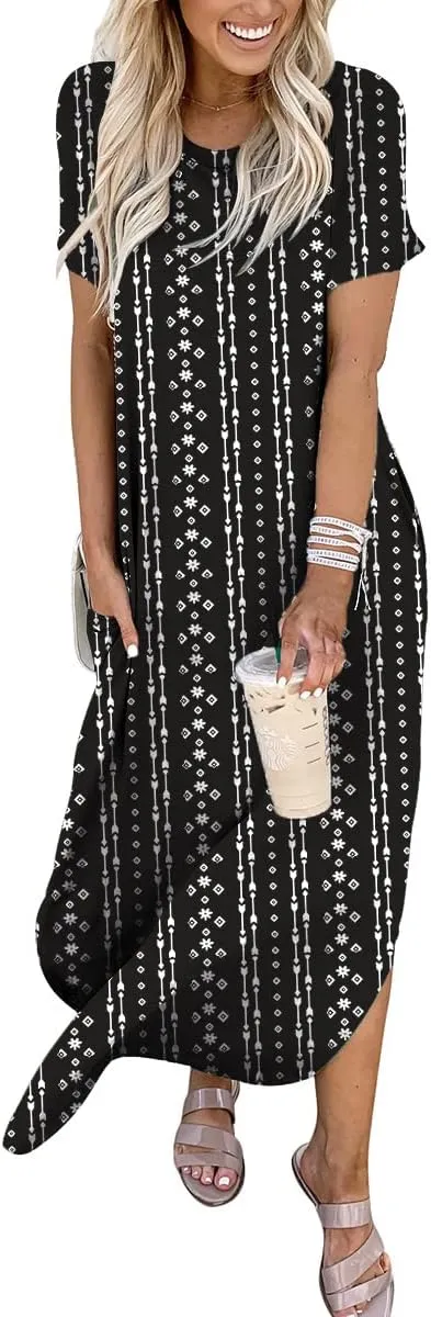 ANRABESS Women's Summer Casual Loose Short Sleeve Long T Shirt Dress Split Maxi Beach Sundress Travel Vacation Outfits