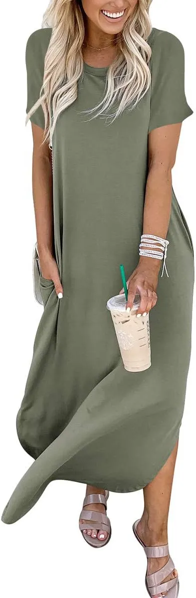 ANRABESS Women's Summer Casual Loose Short Sleeve Long T Shirt Dress Split Maxi Beach Sundress Travel Vacation Outfits