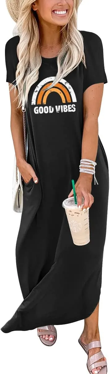 ANRABESS Women's Summer Casual Loose Short Sleeve Long T Shirt Dress Split Maxi Beach Sundress Travel Vacation Outfits