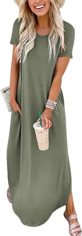 ANRABESS Women's Summer Casual Loose Short Sleeve Long T Shirt Dress Split Maxi Beach Sundress Travel Vacation Outfits