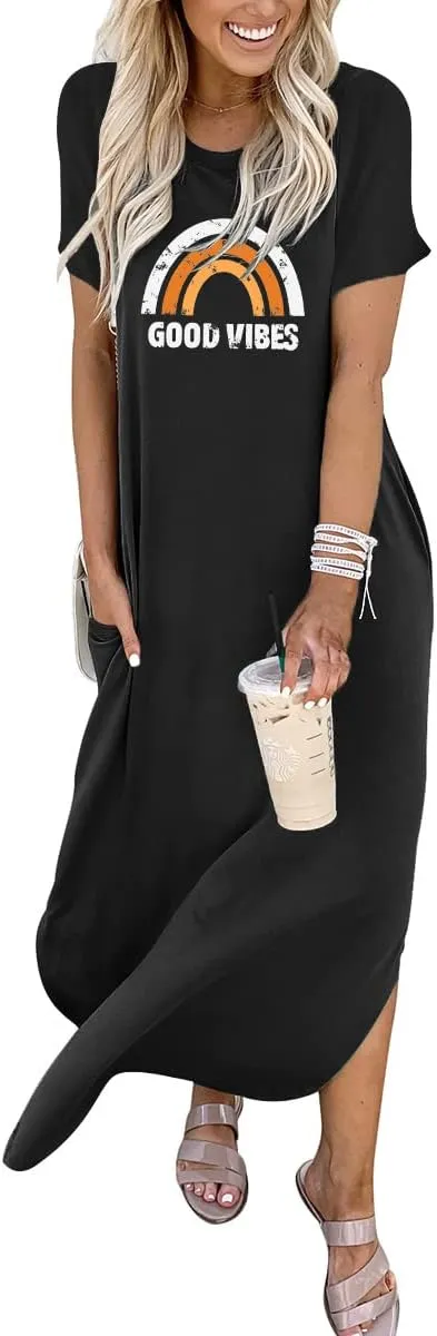 ANRABESS Women's Summer Casual Loose Short Sleeve Long T Shirt Dress Split Maxi Beach Sundress Travel Vacation Outfits
