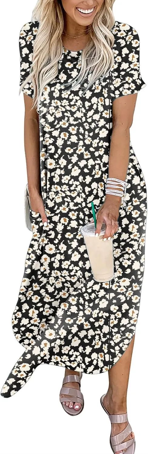 ANRABESS Women's Summer Casual Loose Short Sleeve Long T Shirt Dress Split Maxi Beach Sundress Travel Vacation Outfits