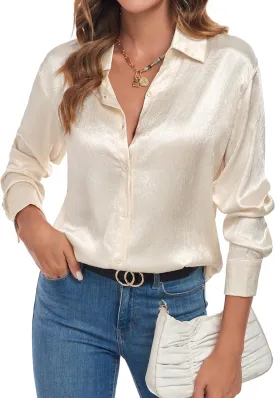 Atnlewhi Women's Long Sleeve Button Down Satin Silk Texture Shirts Casual Business Smooth Blouse Tops