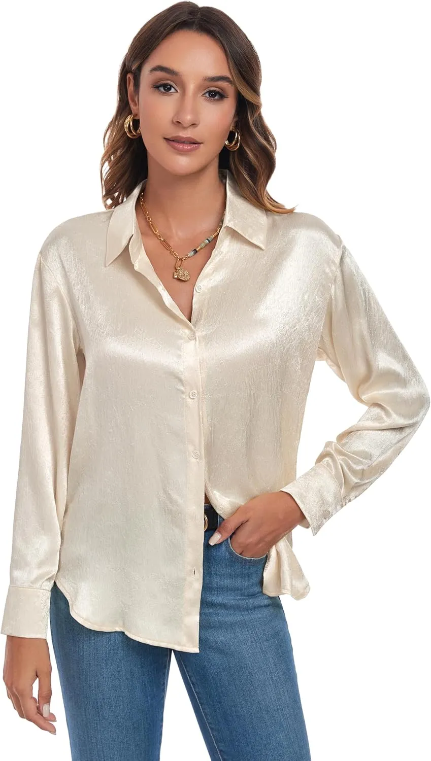 Atnlewhi Women's Long Sleeve Button Down Satin Silk Texture Shirts Casual Business Smooth Blouse Tops