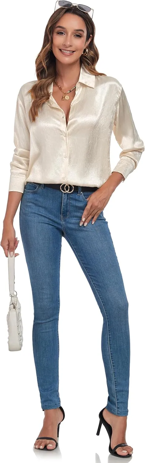 Atnlewhi Women's Long Sleeve Button Down Satin Silk Texture Shirts Casual Business Smooth Blouse Tops