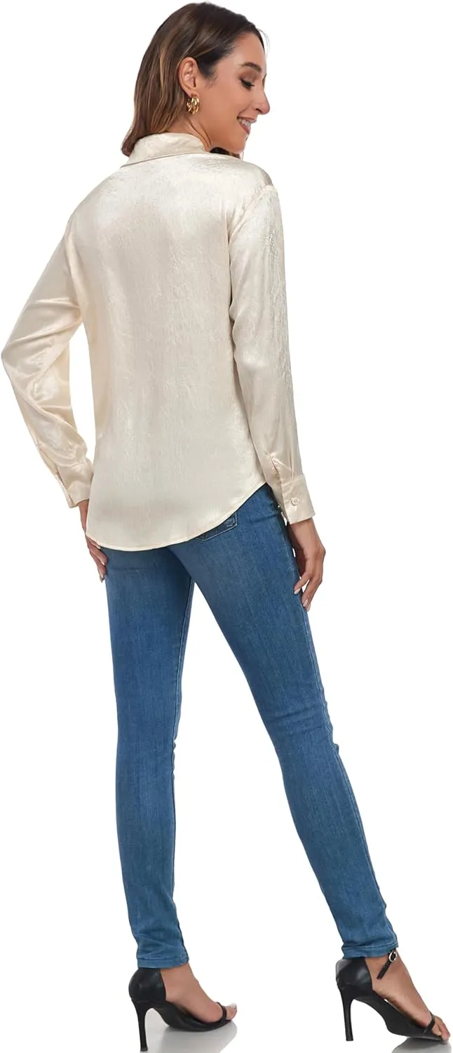 Atnlewhi Women's Long Sleeve Button Down Satin Silk Texture Shirts Casual Business Smooth Blouse Tops