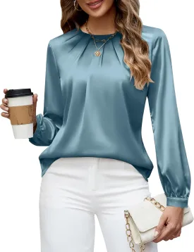 Blooming Jelly Womens Dressy Business Casual Blouse Pleated Long Sleeve Tops Satin Silk Work Shirt Fall Outfits 2024