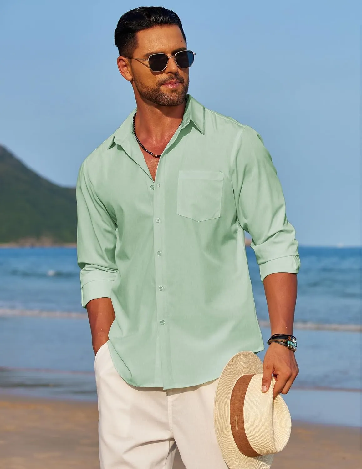 COOFANDY Men's Linen Long Sleeve Shirts Casual Button Down Untucked Shirt Vacation Wedding Shirts with Pocket