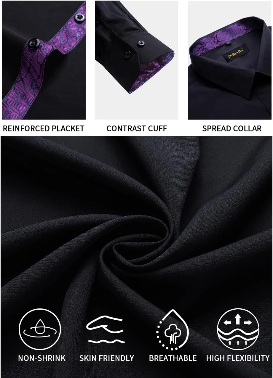 DiBanGu Mens Stretch Dress Shirt Long Sleeve Button Down Shirt Cotton Business Casual Shirts with Inner Contrast Wedding Prom