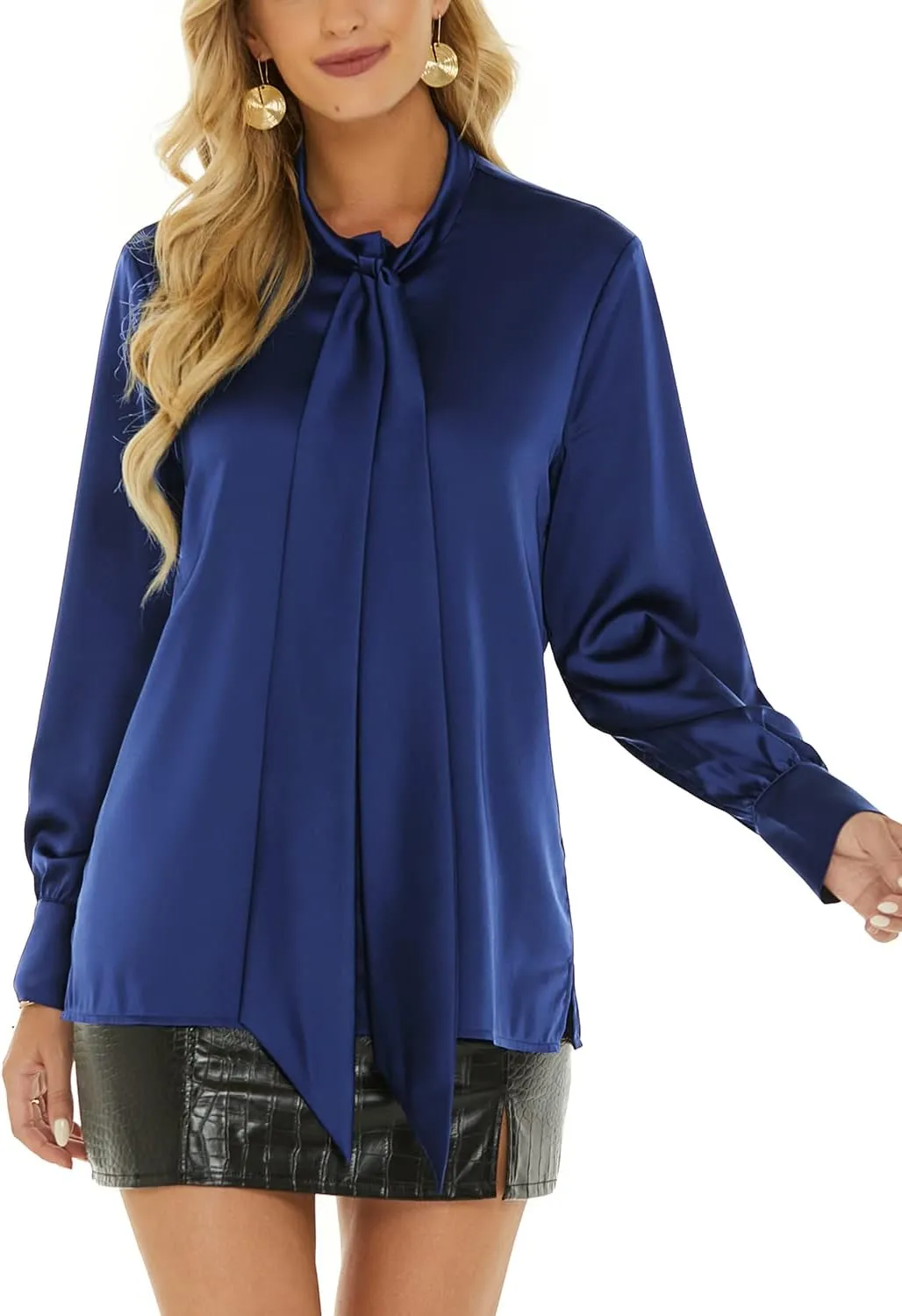 Escalier Women's Silk Blouse Long Sleeve Bow Tie Neck Button Down Shirts Casual Office Work Blouse Tops