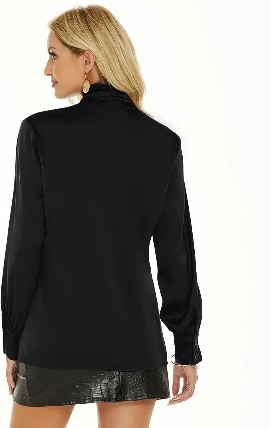 Escalier Women's Silk Blouse Long Sleeve Bow Tie Neck Button Down Shirts Casual Office Work Blouse Tops