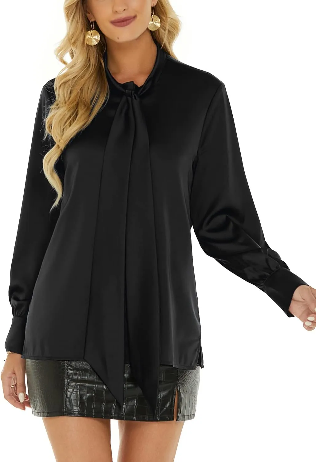 Escalier Women's Silk Blouse Long Sleeve Bow Tie Neck Button Down Shirts Casual Office Work Blouse Tops