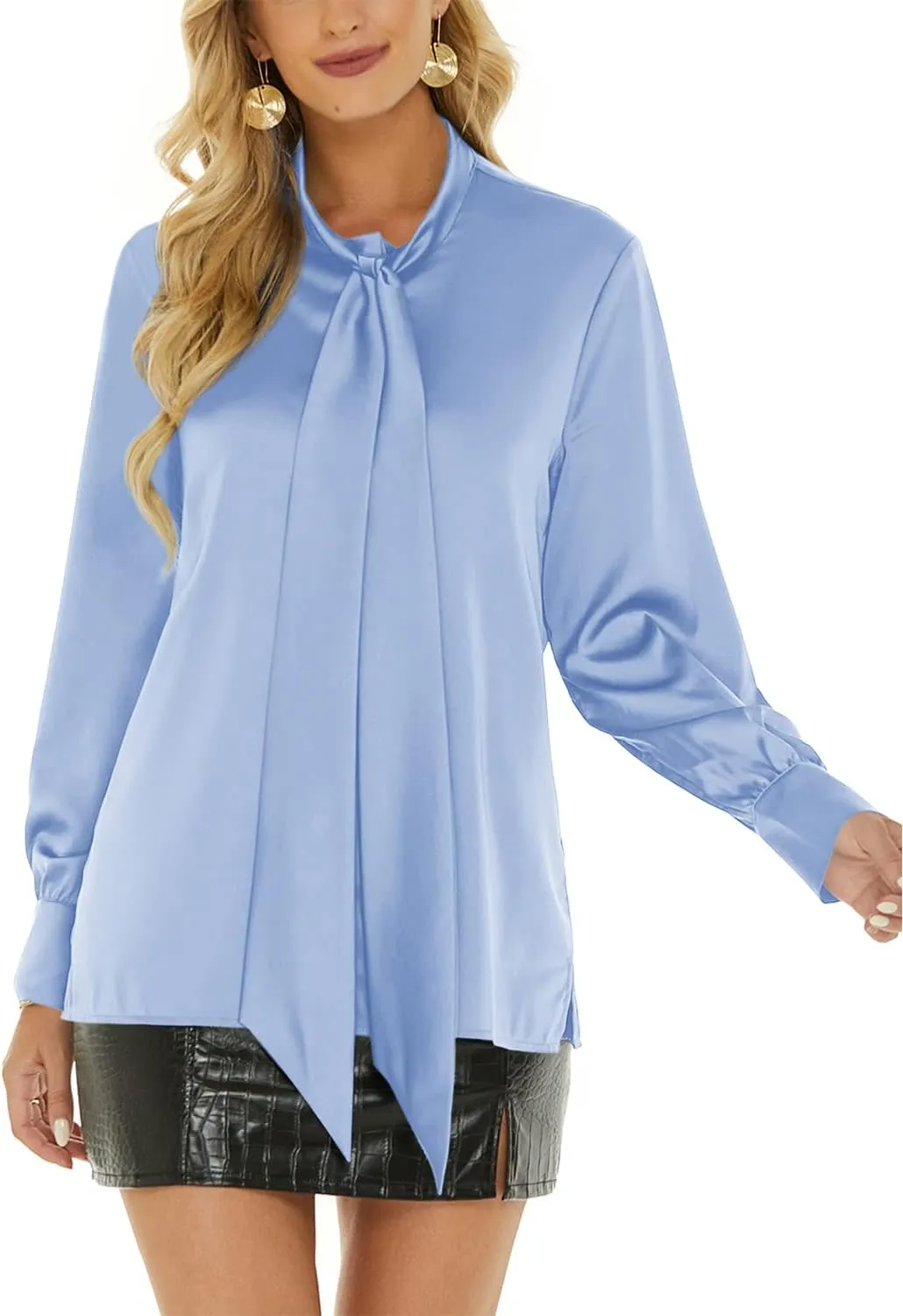 Escalier Women's Silk Blouse Long Sleeve Bow Tie Neck Button Down Shirts Casual Office Work Blouse Tops