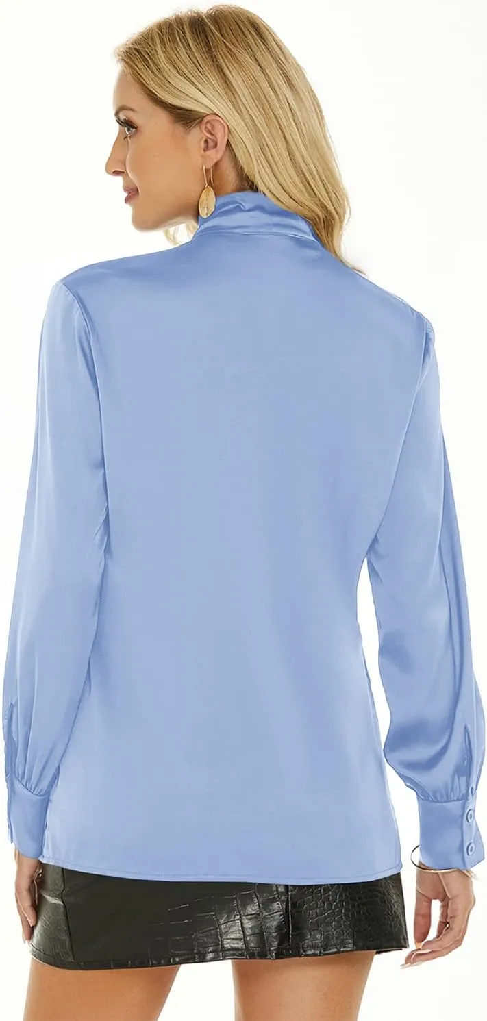 Escalier Women's Silk Blouse Long Sleeve Bow Tie Neck Button Down Shirts Casual Office Work Blouse Tops