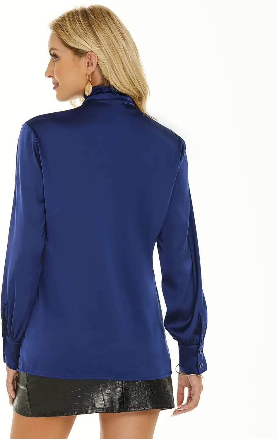 Escalier Women's Silk Blouse Long Sleeve Bow Tie Neck Button Down Shirts Casual Office Work Blouse Tops